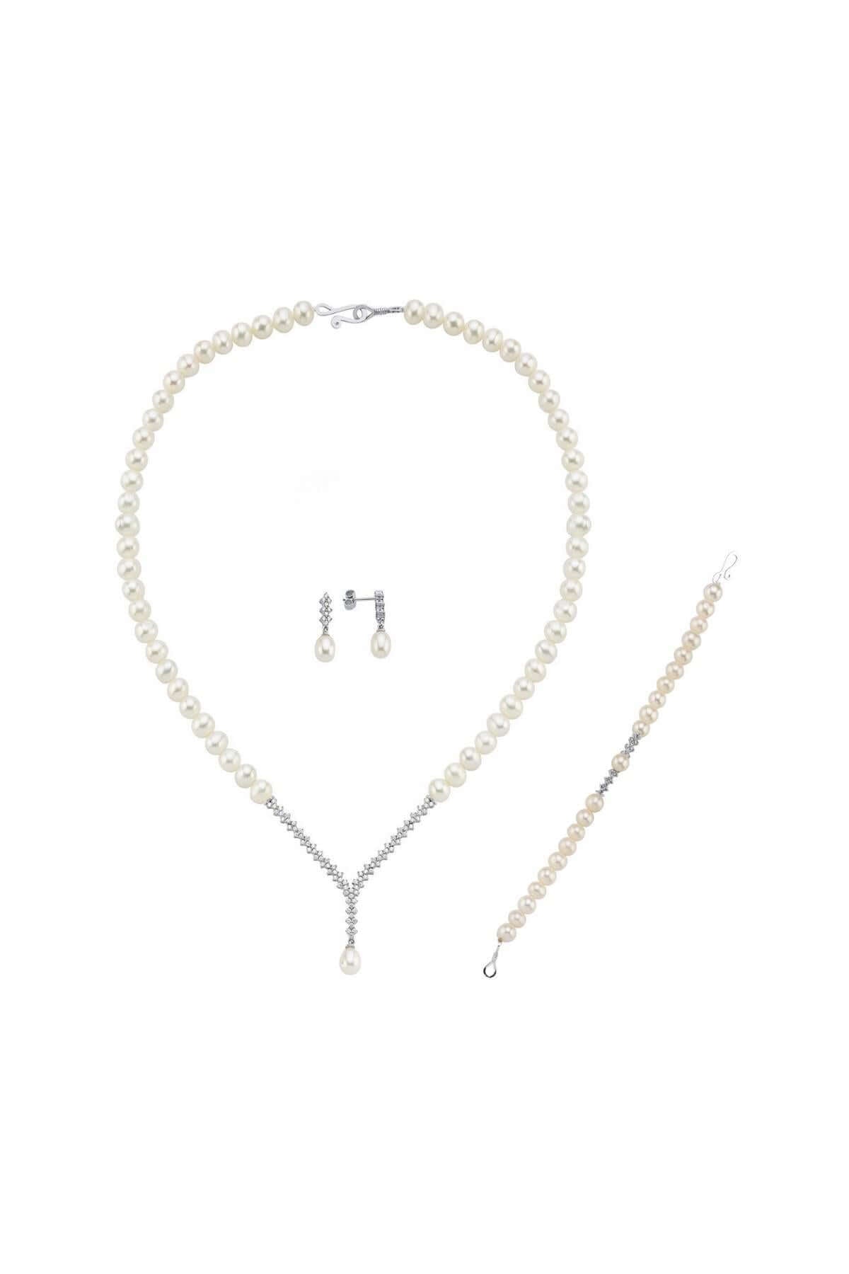 Watercourse Natural Pearl Earring Necklace Bracelet Triple Set