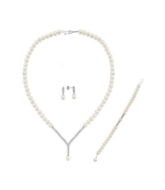 Watercourse Natural Pearl Earring Necklace Bracelet Triple Set
