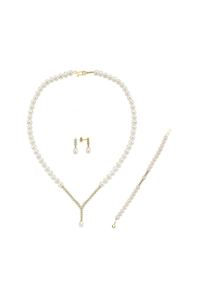 Watercourse Natural Pearl Earring Necklace Bracelet Triple Set