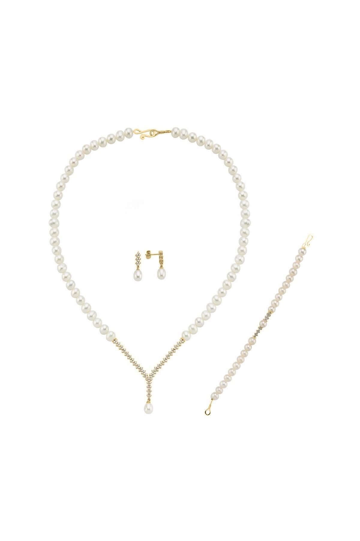 Watercourse Natural Pearl Earring Necklace Bracelet Triple Set