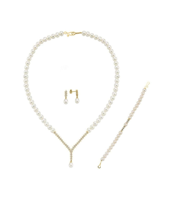 Watercourse Natural Pearl Earring Necklace Bracelet Triple Set