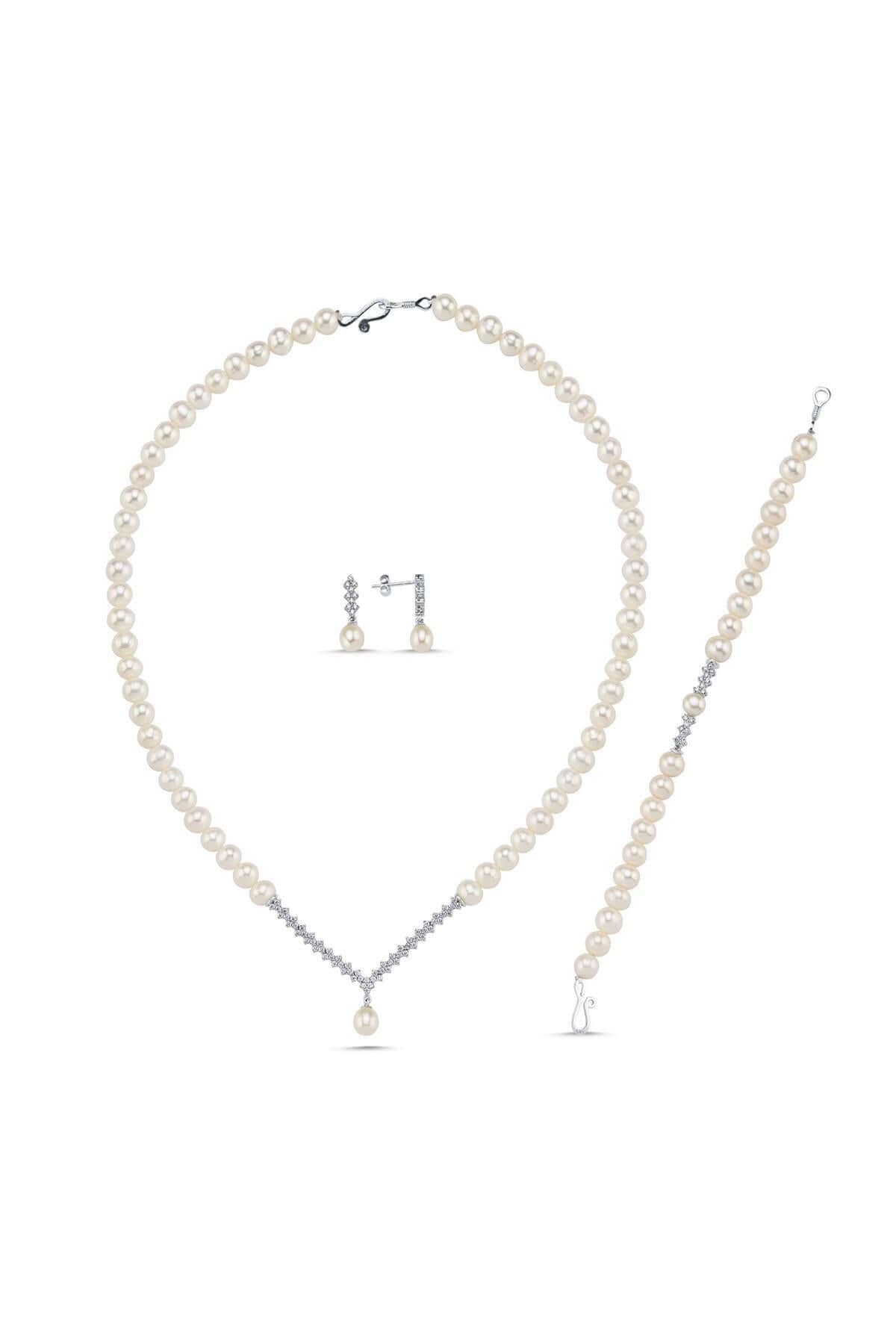 Watercourse Stone Natural Pearl Earring Necklace Bracelet Triple Set