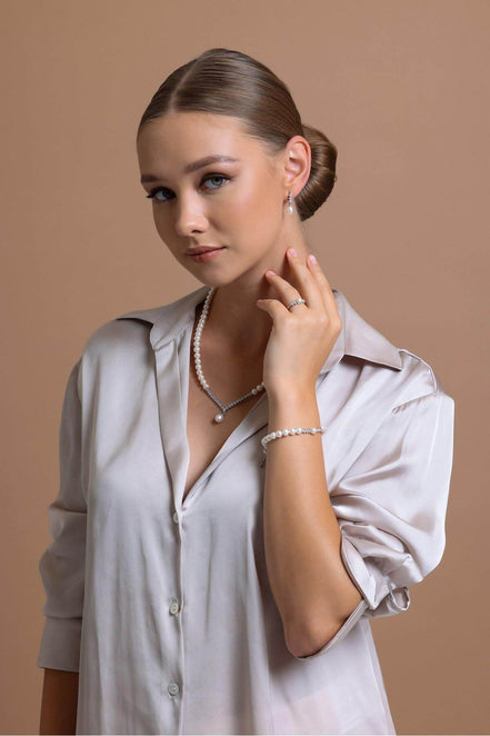 Watercourse Stone Natural Pearl Earring Necklace Bracelet Triple Set