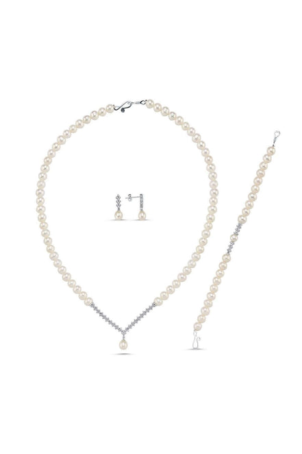 Watercourse Stone Natural Pearl Earring Necklace Bracelet Triple Set