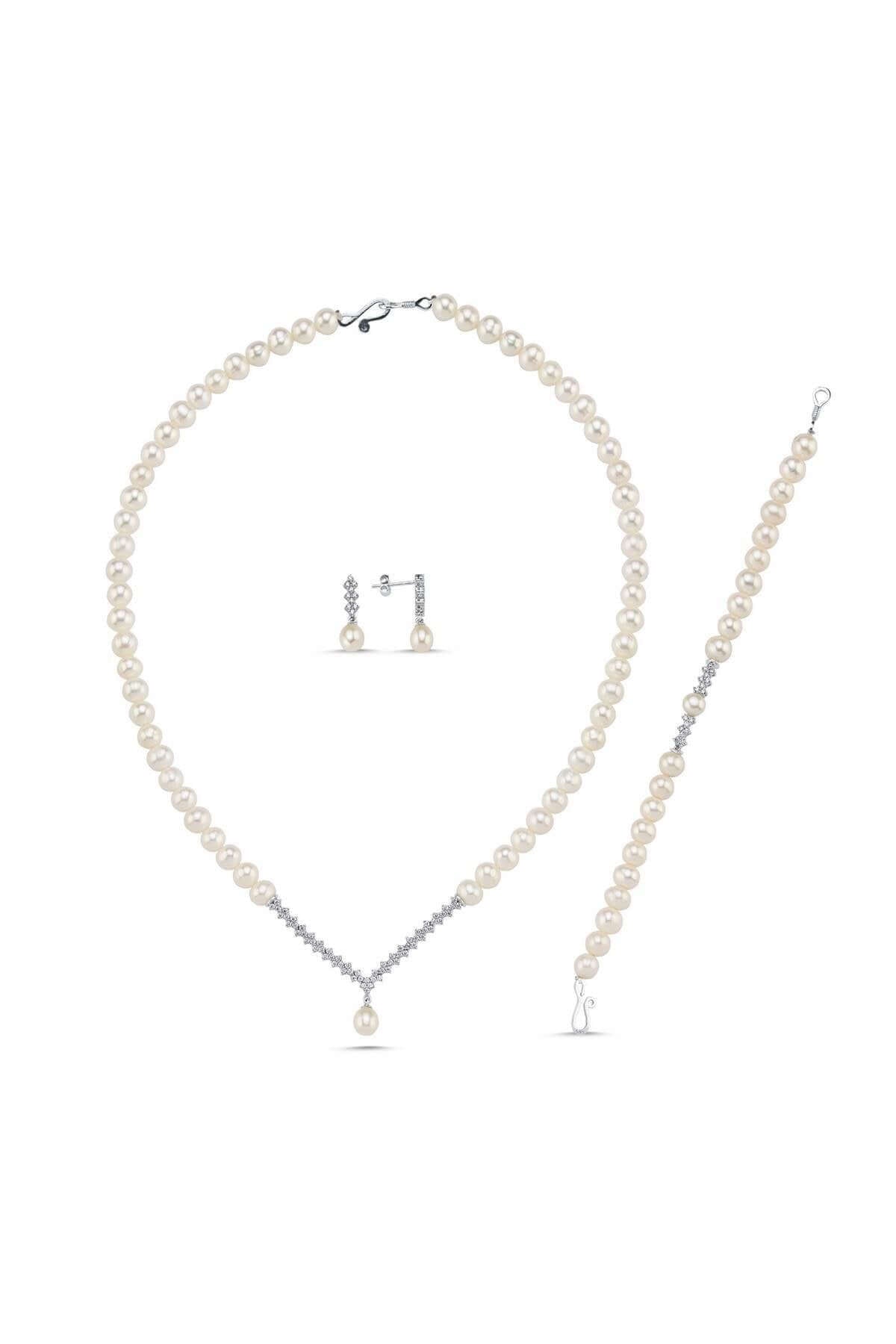 Watercourse Stone Natural Pearl Earring Necklace Bracelet Triple Set