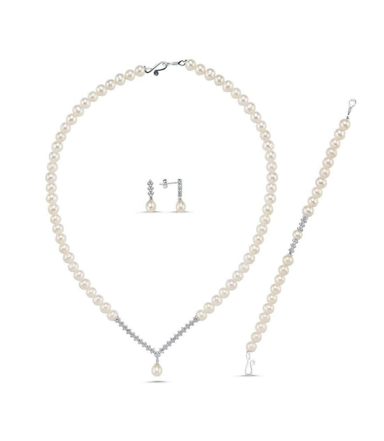 Watercourse Stone Natural Pearl Earring Necklace Bracelet Triple Set