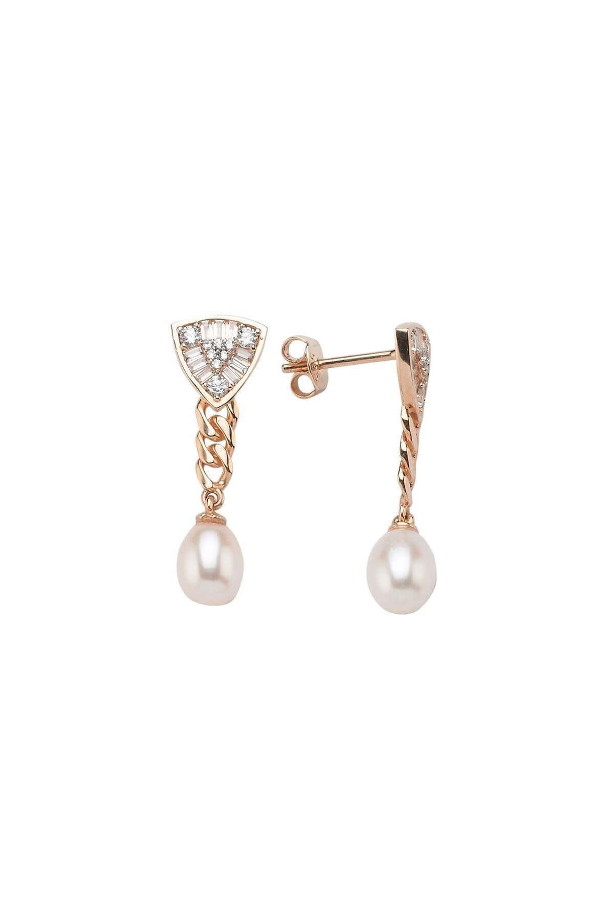 Triangle Design Baguette Stone Natural Pearl Earring