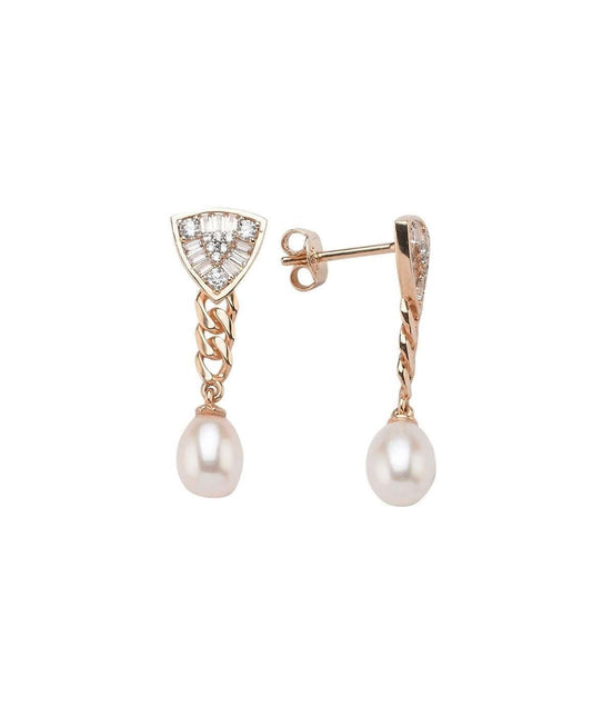 Triangle Design Baguette Stone Natural Pearl Earring