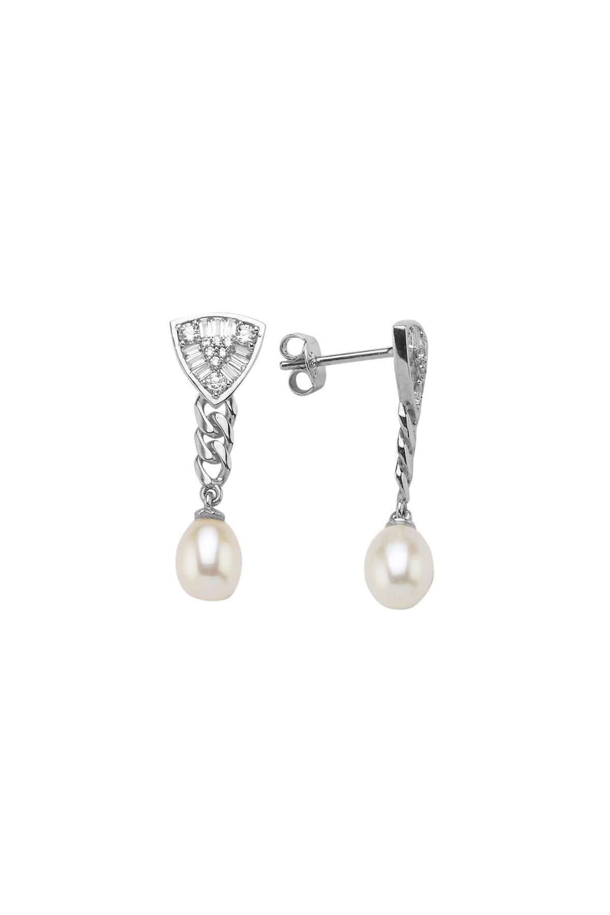 Triangle Design Baguette Stone Natural Pearl Earring