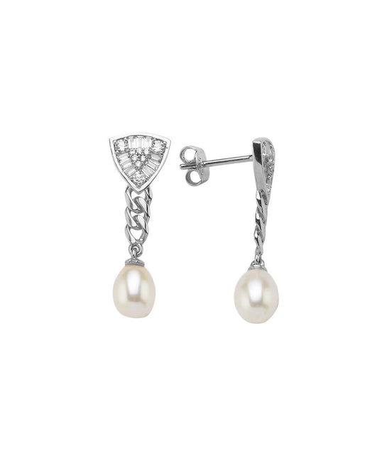 Triangle Design Baguette Stone Natural Pearl Earring