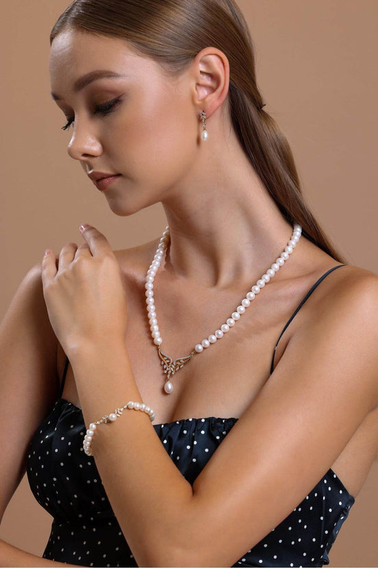 Yaprak Taşlı Doğal İnci Küpe Kolye Bileklik Üçlü Set | | Birinci1926