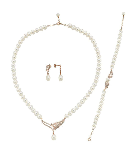 Yaprak Taşlı Doğal İnci Küpe Kolye Bileklik Üçlü Set | | Birinci1926