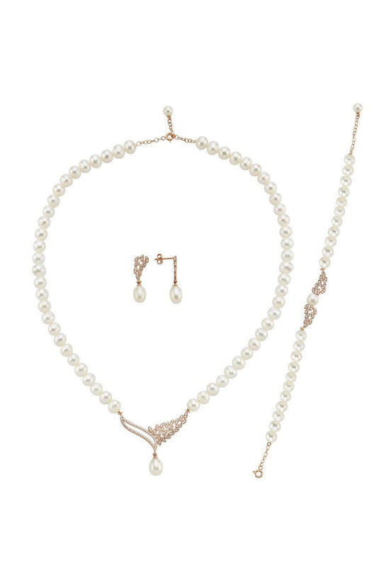 Yaprak Taşlı Doğal İnci Küpe Kolye Bileklik Üçlü Set | | Birinci1926