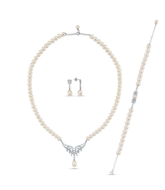 Yaprak Taşlı Doğal İnci Küpe Kolye Bileklik Üçlü Set | | Birinci1926