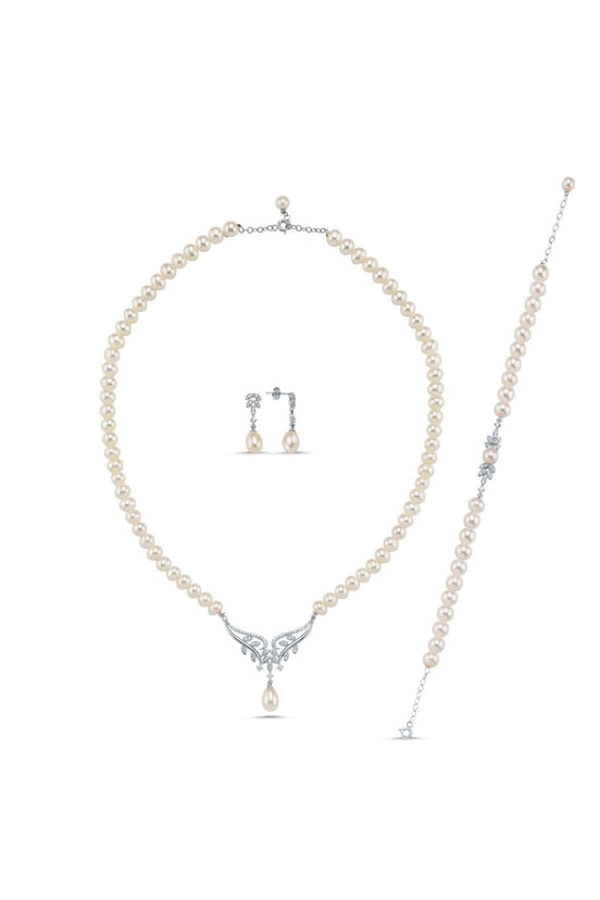 Yaprak Taşlı Doğal İnci Küpe Kolye Bileklik Üçlü Set | | Birinci1926