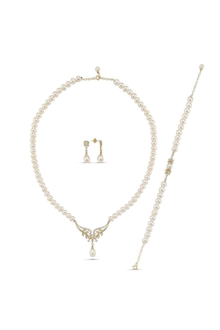 Yaprak Taşlı Doğal İnci Küpe Kolye Bileklik Üçlü Set | | Birinci1926