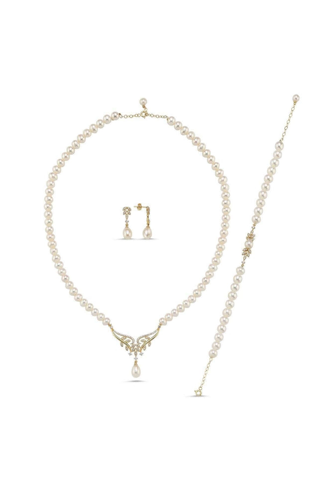 Yaprak Taşlı Doğal İnci Küpe Kolye Bileklik Üçlü Set | | Birinci1926