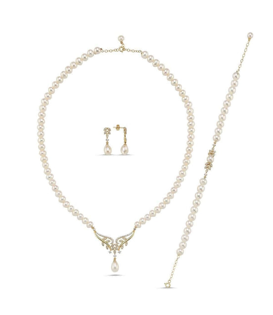 Yaprak Taşlı Doğal İnci Küpe Kolye Bileklik Üçlü Set | | Birinci1926