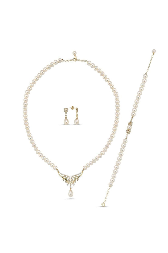 Yaprak Taşlı Doğal İnci Küpe Kolye Bileklik Üçlü Set | | Birinci1926