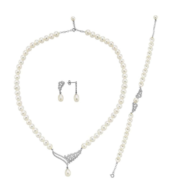 Yaprak Taşlı Doğal İnci Küpe Kolye Bileklik Üçlü Set | | Birinci1926