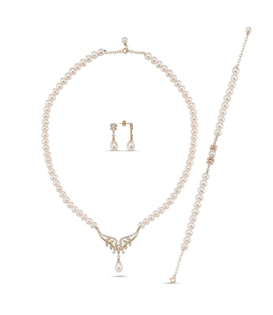 Yaprak Taşlı Doğal İnci Küpe Kolye Bileklik Üçlü Set | | Birinci1926