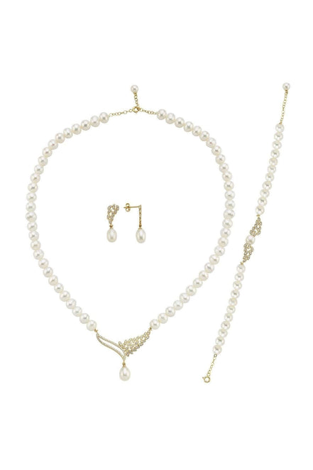 Yaprak Taşlı Doğal İnci Küpe Kolye Bileklik Üçlü Set | | Birinci1926