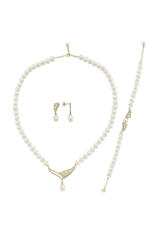 Yaprak Taşlı Doğal İnci Küpe Kolye Bileklik Üçlü Set | | Birinci1926