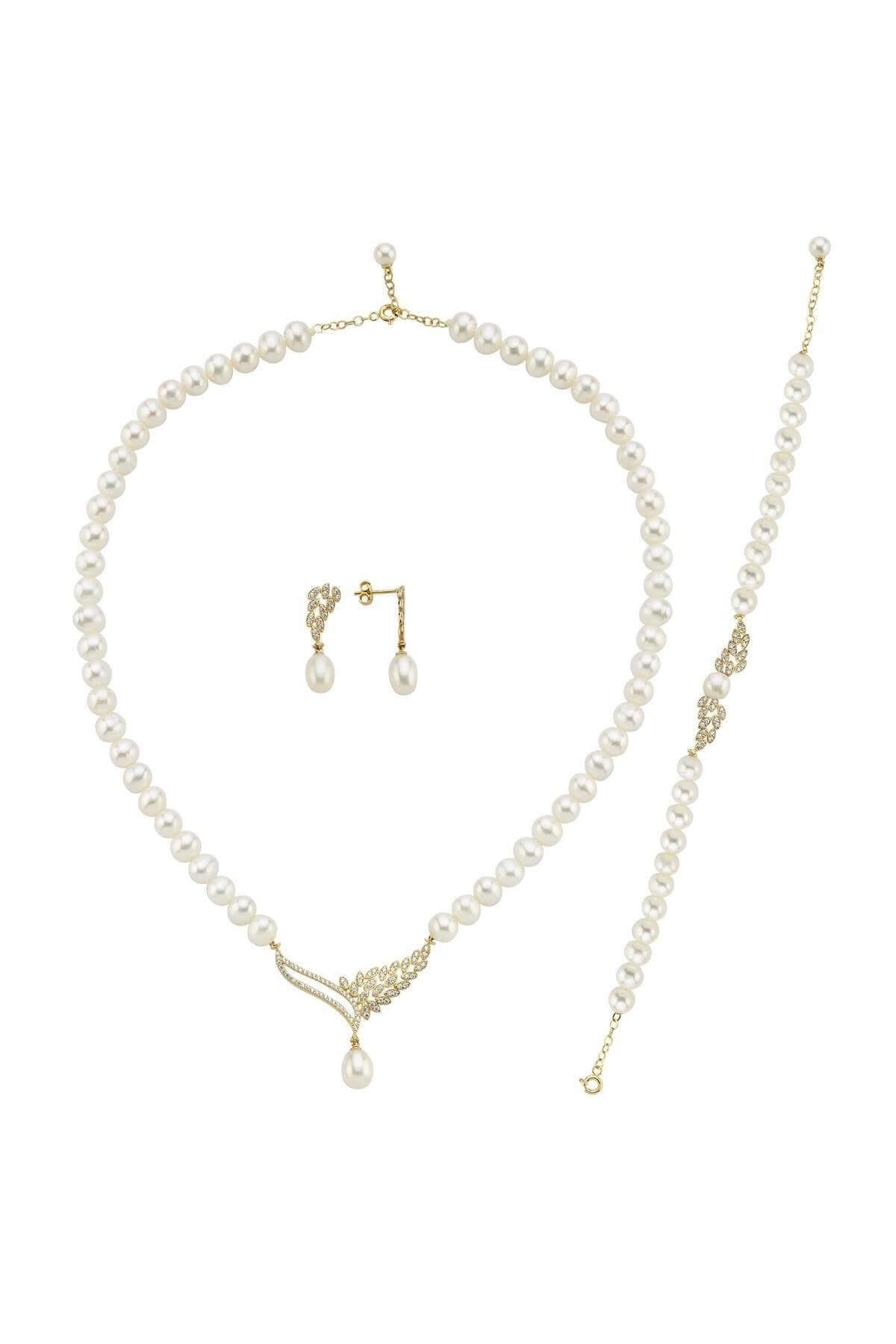 Yaprak Taşlı Doğal İnci Küpe Kolye Bileklik Üçlü Set | | Birinci1926