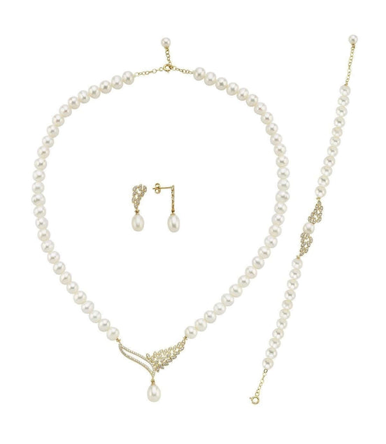 Yaprak Taşlı Doğal İnci Küpe Kolye Bileklik Üçlü Set | | Birinci1926