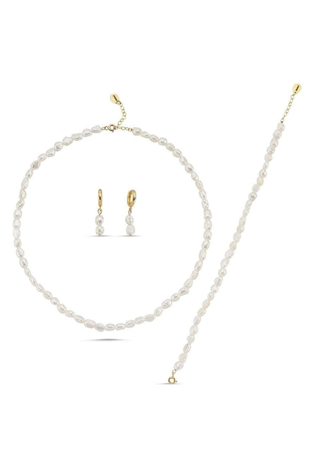 Yassı Barok İnci Kolye Bileklik Küpe Üçlü Set | | Birinci1926