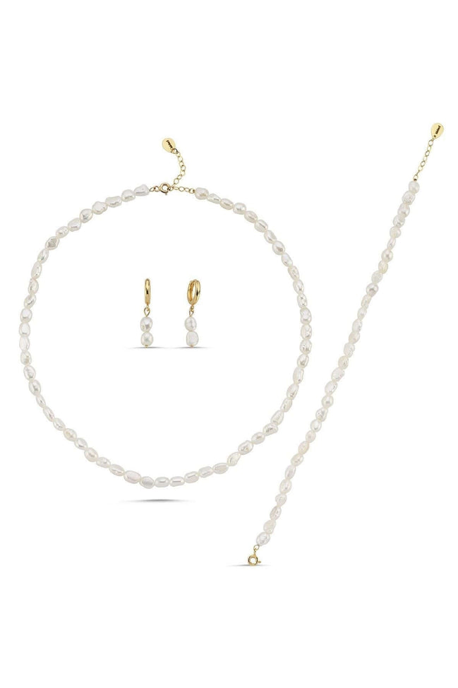 Yassı Barok İnci Kolye Bileklik Küpe Üçlü Set | | Birinci1926