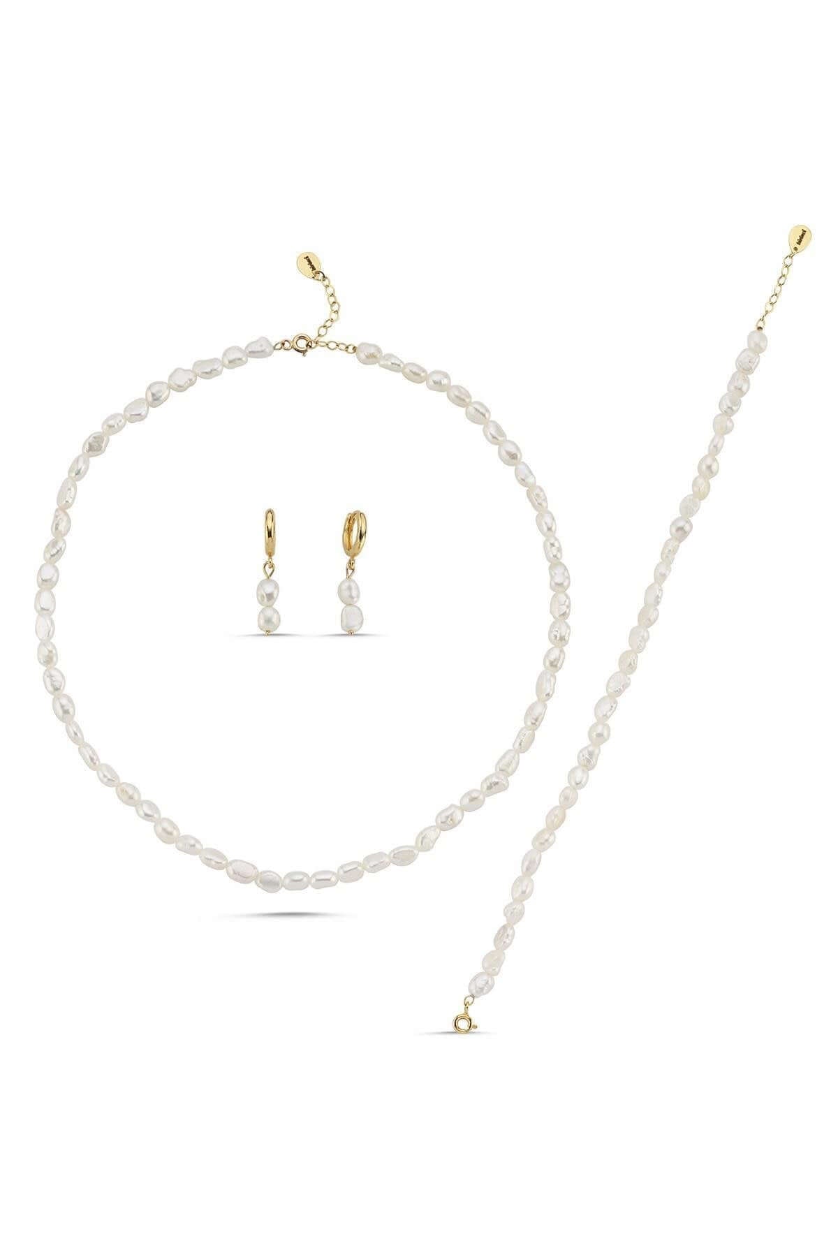 Yassı Barok İnci Kolye Bileklik Küpe Üçlü Set | | Birinci1926