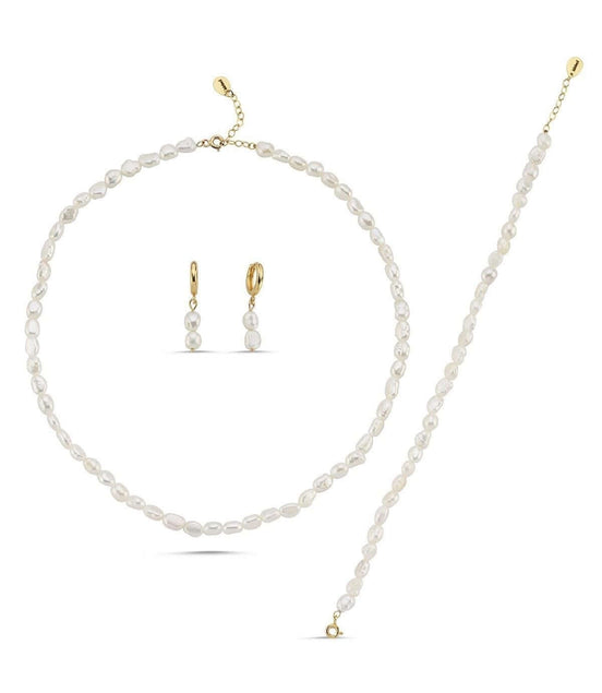 Yassı Barok İnci Kolye Bileklik Küpe Üçlü Set | | Birinci1926