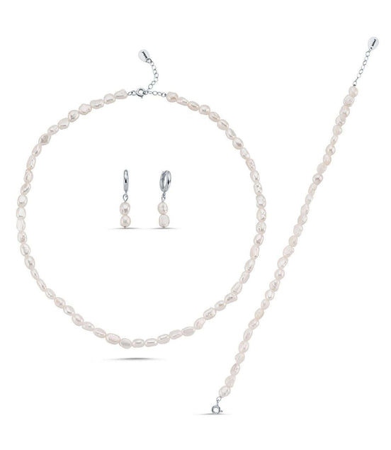 Yassı Barok İnci Kolye Bileklik Küpe Üçlü Set | | Birinci1926