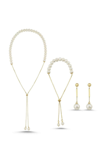 Asansör Zincirli Doğal İnci Küpe Kolye Bileklik Üçlü Set | | Birinci1926