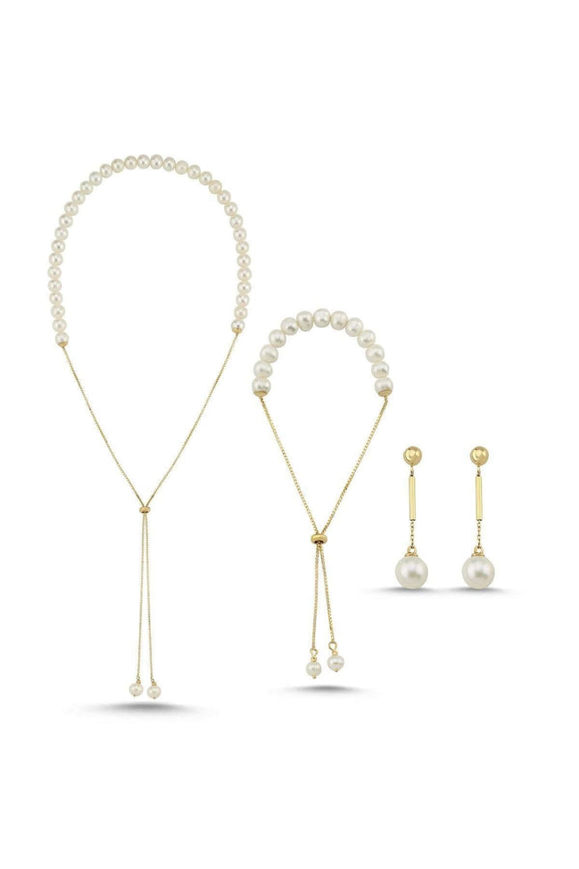 Asansör Zincirli Doğal İnci Küpe Kolye Bileklik Üçlü Set | | Birinci1926