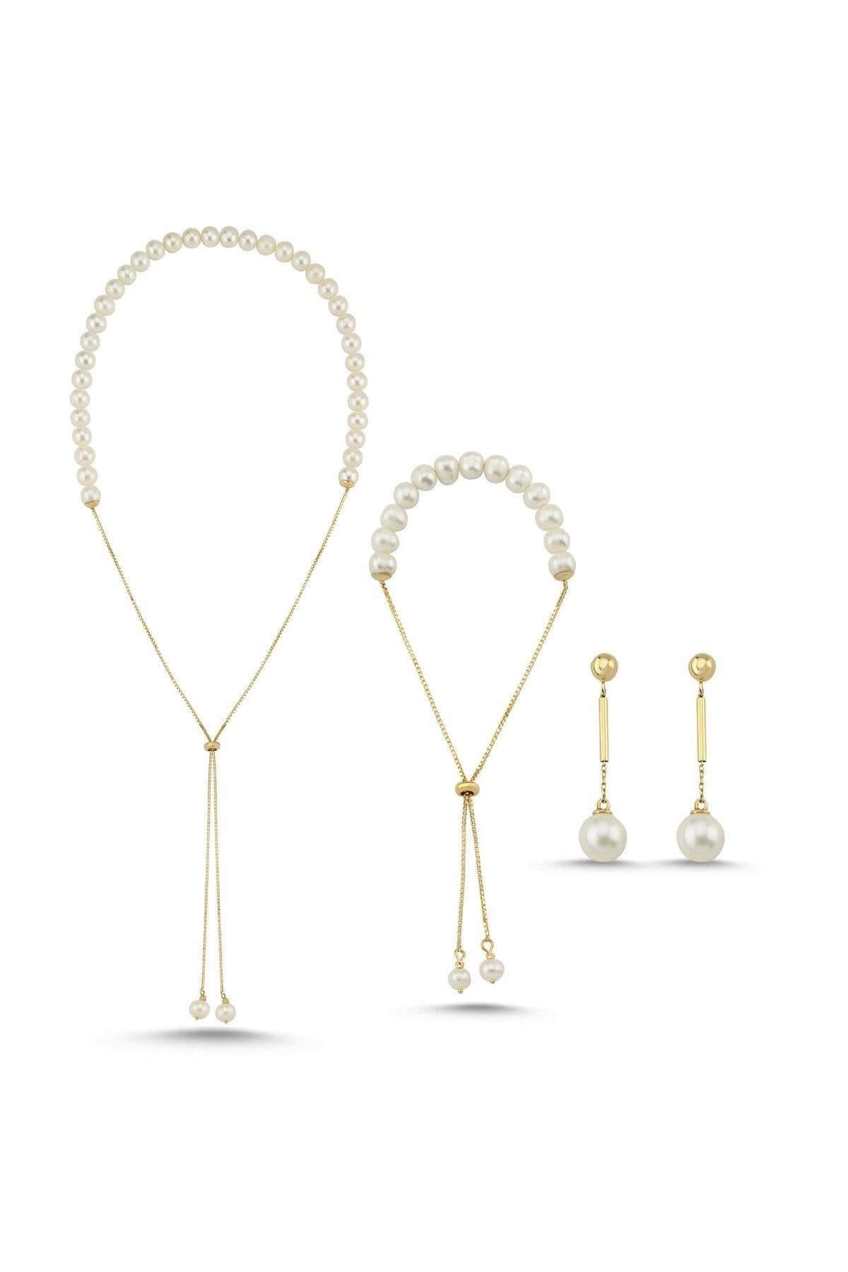 Asansör Zincirli Doğal İnci Küpe Kolye Bileklik Üçlü Set | | Birinci1926