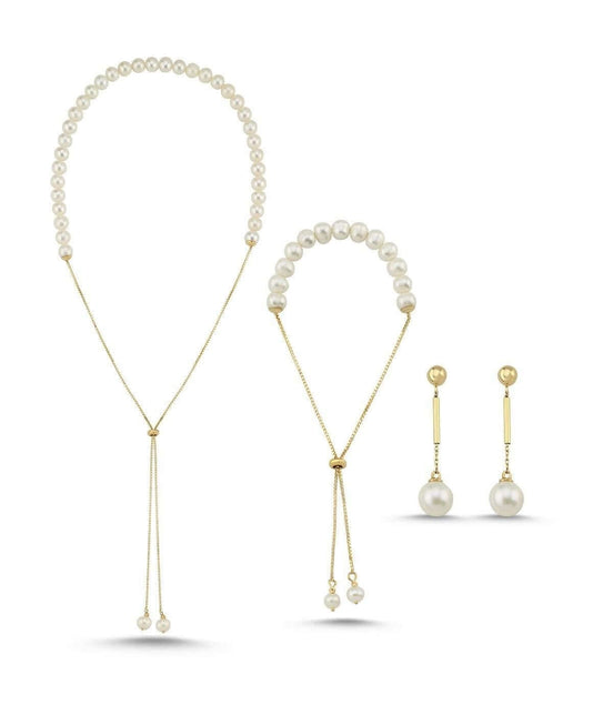 Asansör Zincirli Doğal İnci Küpe Kolye Bileklik Üçlü Set | | Birinci1926