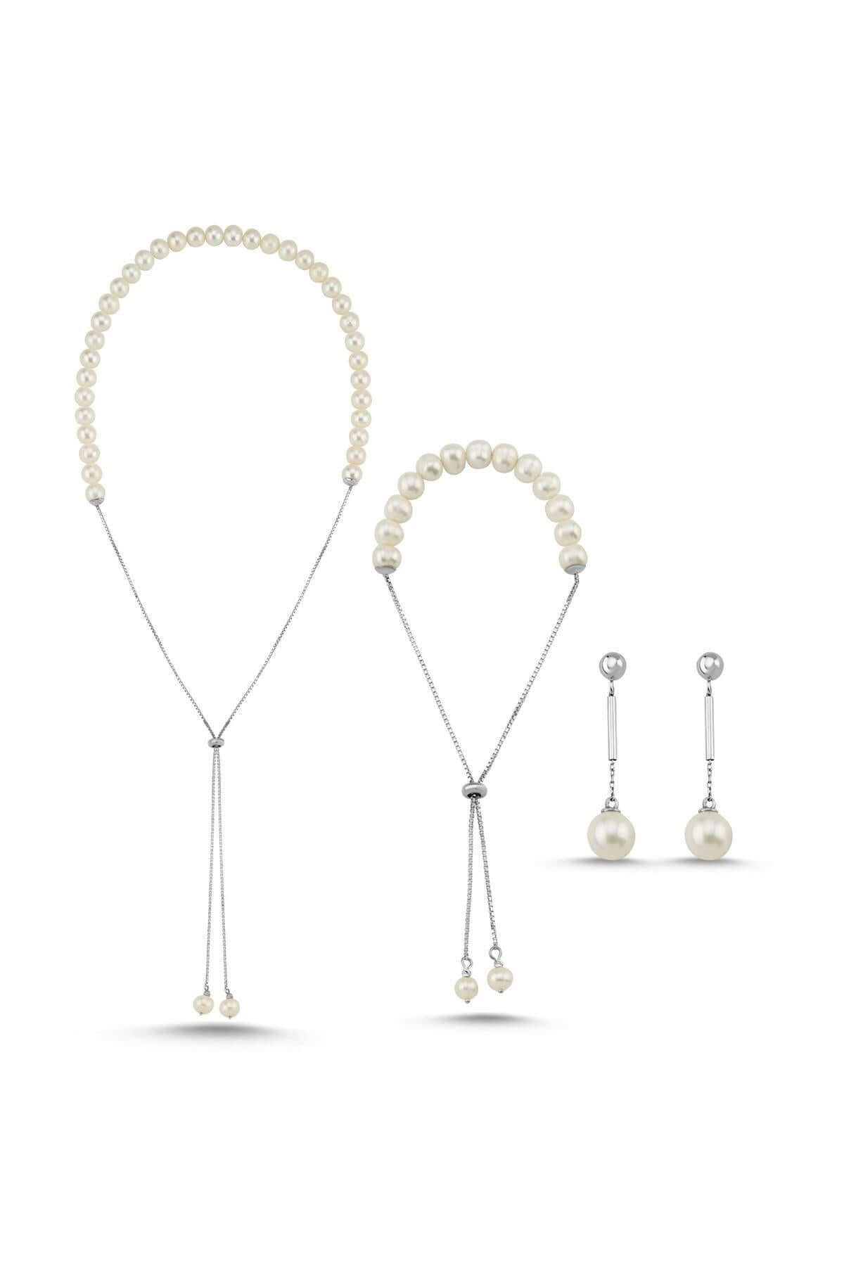 Adjustable Chain Natural Pearl Earring Necklace Bracelet Triple Set