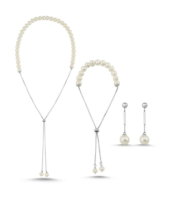 Adjustable Chain Natural Pearl Earring Necklace Bracelet Triple Set