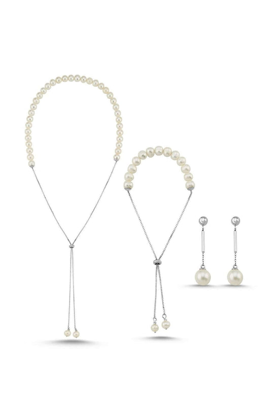 Adjustable Chain Natural Pearl Earring Necklace Bracelet Triple Set