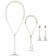 Adjustable Chain Natural Pearl Earring Necklace Bracelet Triple Set