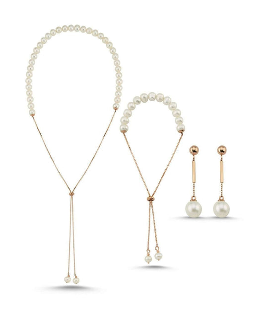 Adjustable Chain Natural Pearl Earring Necklace Bracelet Triple Set
