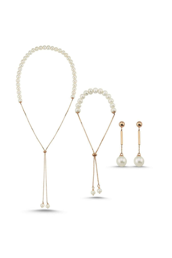 Adjustable Chain Natural Pearl Earring Necklace Bracelet Triple Set