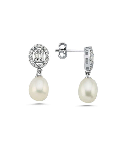 Baguette Stone Natural Pearl Dangling Earring
