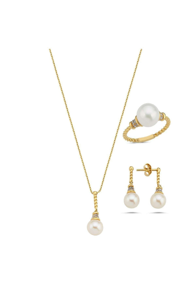 Twisted Zircon Stone Natural Pearl Earring Necklace Ring Triple Set