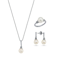 Twisted Zircon Stone Natural Pearl Earring Necklace Ring Triple Set