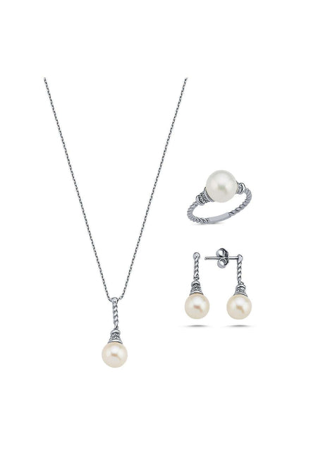 Twisted Zircon Stone Natural Pearl Earring Necklace Ring Triple Set