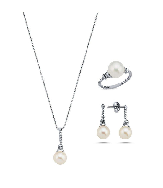 Twisted Zircon Stone Natural Pearl Earring Necklace Ring Triple Set
