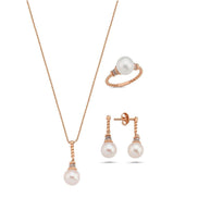 Twisted Zircon Stone Natural Pearl Earring Necklace Ring Triple Set